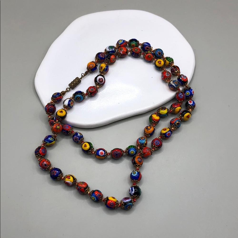 Vintage Millefiori Art Glass Bead Necklace Venetian Colorful Artisan 26 Boho